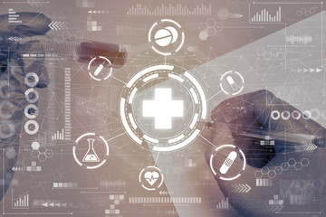 The concept of general treatment. Abstract medical icons on a blurred background with hands in gloves and a test tube with paper. Toned. Blurry.