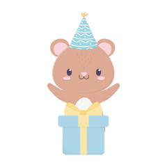 happy birthday bear with party hat and gift cartoon