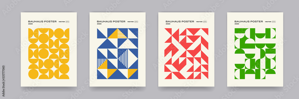 Poster Bauhaus geometric pattern background, vector abstract geometric circle, triangle and square lines art. Black and white color Bauhaus or Swiss patters backgrounds set