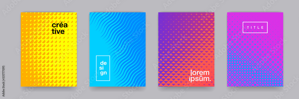 Poster Color gradient background, geometric halftone pattern, vector abstract trendy line graphic design. Simple minimal elements in halftone color gradient, modern pattern backgrounds