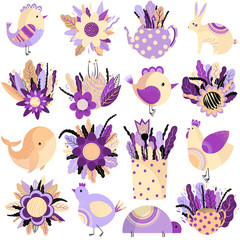 Fototapeta na wymiar Big animal set. Cute animals and flowers. Hand drawn. Vector flat illustration