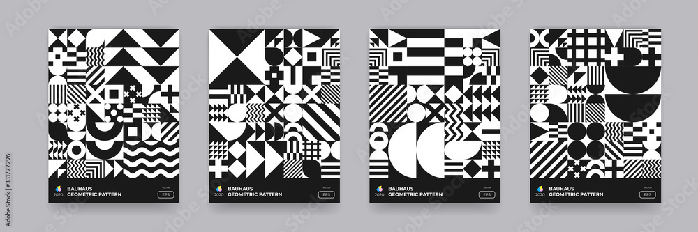 Aufkleber Abstract geometric pattern background, vector Bauhaus circle, triangle and square lines art design. Black and white Bauhaus pattern background, posters set