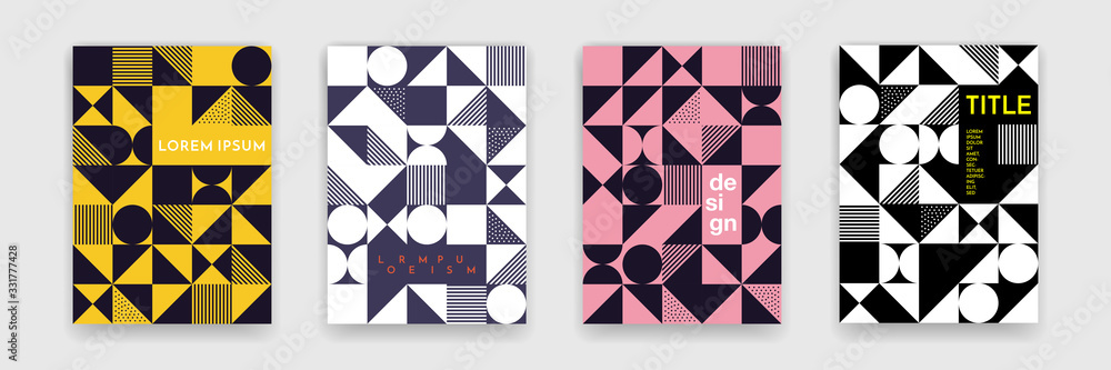 Poster Abstract geometric shapes pattern, Bauhaus minimal art design background. Modern circle, triangle and square Bauhaus pattern backgrounds, posters and covers trendy