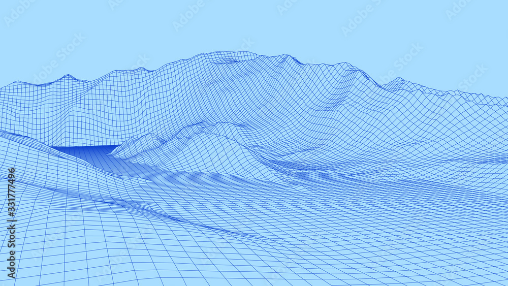 Poster vector wireframe 3d landscape. technology grid illustration. network of connected dots and lines. fu