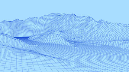 Naklejka na ściany i meble Vector wireframe 3d landscape. Technology grid illustration. Network of connected dots and lines. Futuristic background.