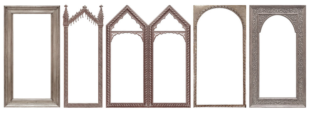 Set of panoramic silver gothic frame for paintings, mirrors or photos isolated on white background