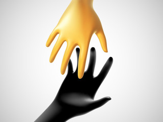 Obraz premium Two 3D hands taking each other on white background. Concept of help, charity, business assistance and partnership. Golden fortune hand reaches for black hand. Vector illustration of helping gesture.