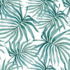 Watercolor tropical palm leaves seamless pattern. Hand drawn jungle illustration whte background.