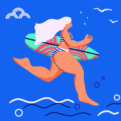 Flat style illustration. Summer beach surfing illustration. Longboard women surfing