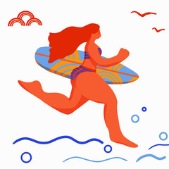 Flat style illustration. Summer beach surfing illustration. Longboard women surfing