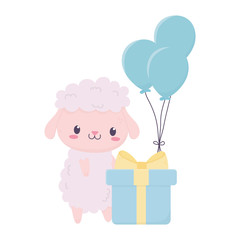 happy birthday cute sheep with gift and balloons animal cartoon