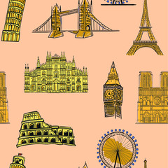 Europe, travel, architecture, fashion vector seamless pattern. Concept for wallpaper, wrapping  paper, cards 