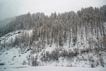 Snowy Zermatt with fog in Switzerland in winter