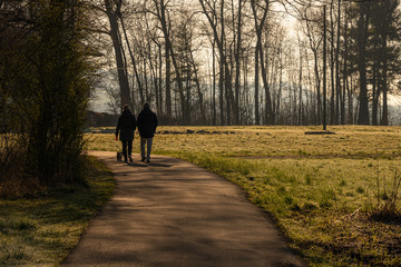 two people walking away with dog on a sunny morning after sunrise with warm light face not visable