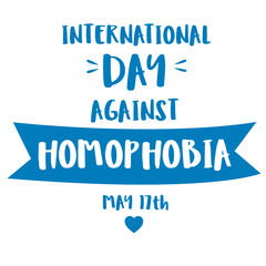 International Day Against Homophobia postcard with a rainbow sign. May 17, LGBTK concept. Flat design with handwritten lettering. Gays, lesbians, transgender people, queer minorities.