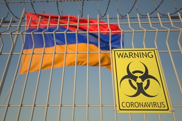 Fototapeta na wymiar Coronavirus biohazard sign with flag of Armenia as a background. Armenian Quarantine, conceptual 3D rendering