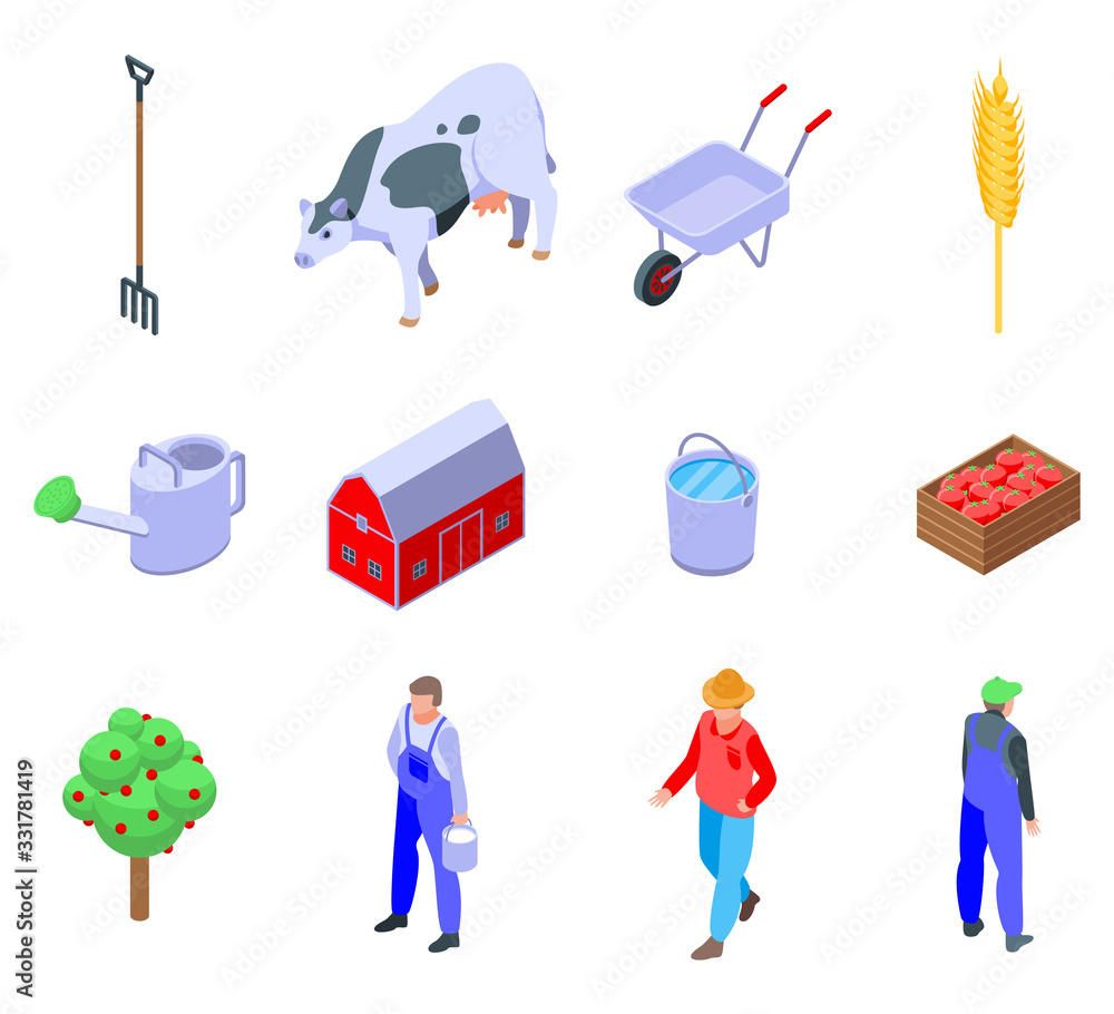 Poster farmer icons set. isometric set of farmer vector icons for web design isolated on white background