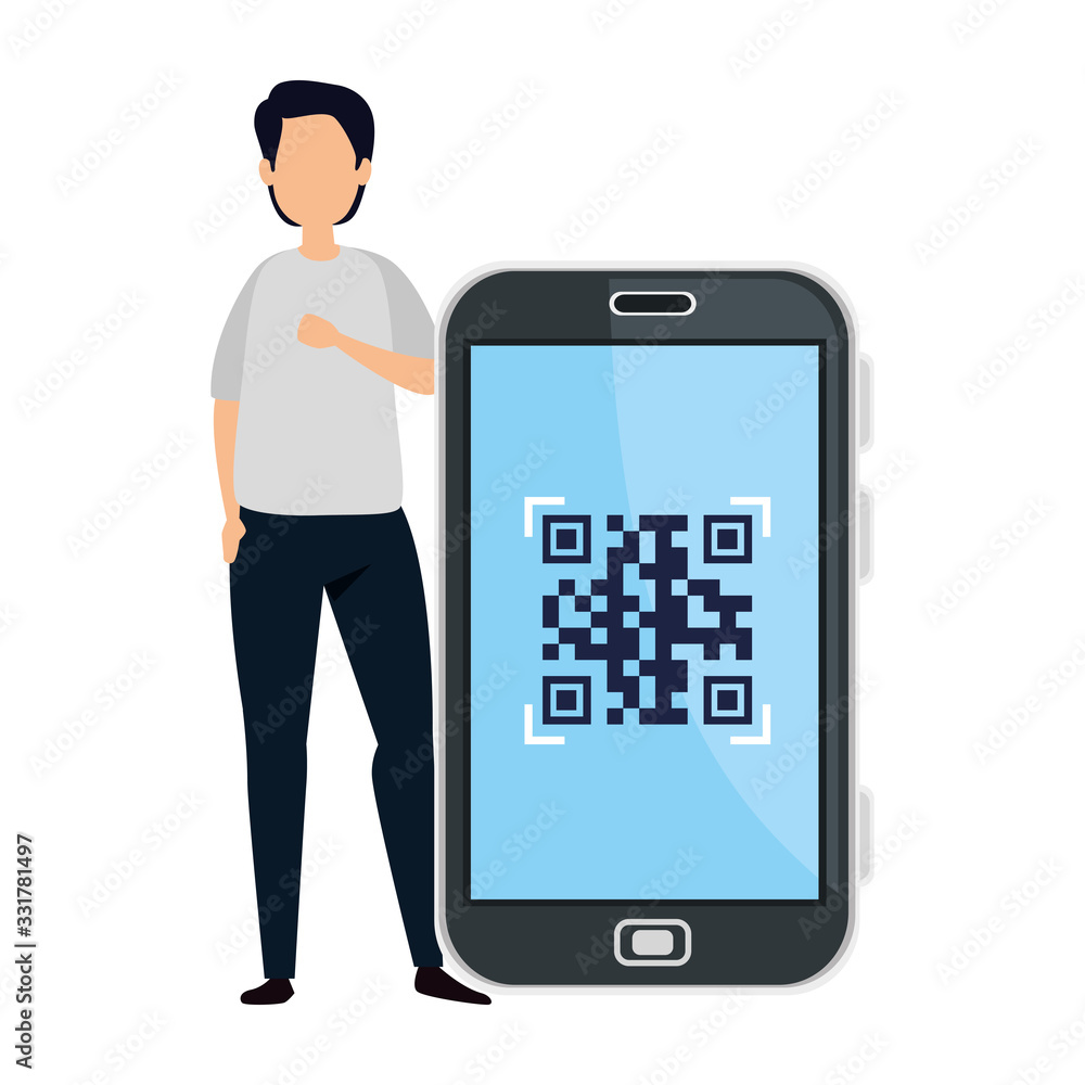 Poster man and smartphone device with scan code qr vector illustration design