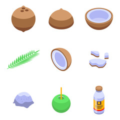 Coconut icons set. Isometric set of coconut vector icons for web design isolated on white background