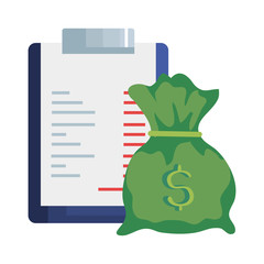 clipboard with paper document and money bag isolated icon vector illustration design