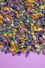Fototapeta premium Pasta Conchiglie Rigate, mix of colorful uncooked shells with spinach and tomatoes. Textured Italian food background concept. Top view flat lay close up copy space