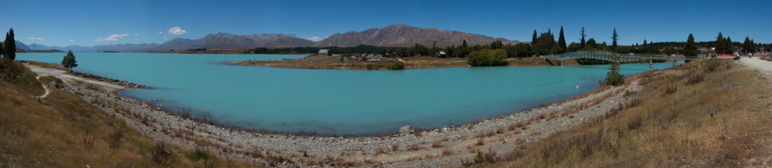 Panoramic view of Lake Tekapo and Scott Pond in Tekapo on South Island of New Zealand