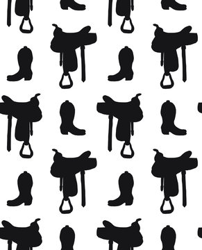 Vector seamless pattern of black equestrian horse cowboy western boot and saddle silhouette isolated on white background