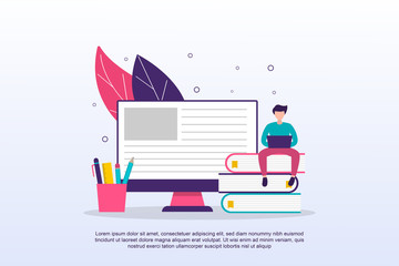 Online learning concept with tiny people. Can use for web landing page, banner, marketing material. Vector Illustration