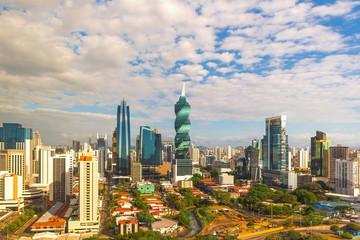 The urban skyline of Panama City with its skyscrapers of the Financial District at sunrise, Panama,...