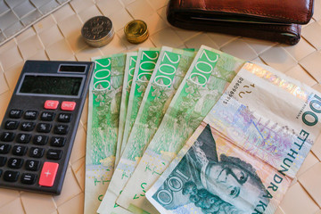 Savings, finances, economy - close up of man counting money; Counting money - Swedish Kronor