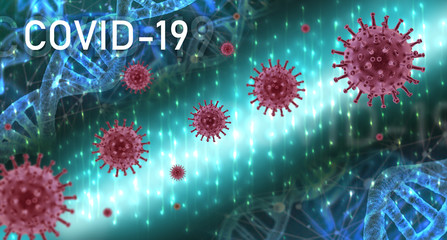 virus, coronavirus covid19 covid-19 on blue background neon, DNA, biological research	 - obrazy, fototapety, plakaty