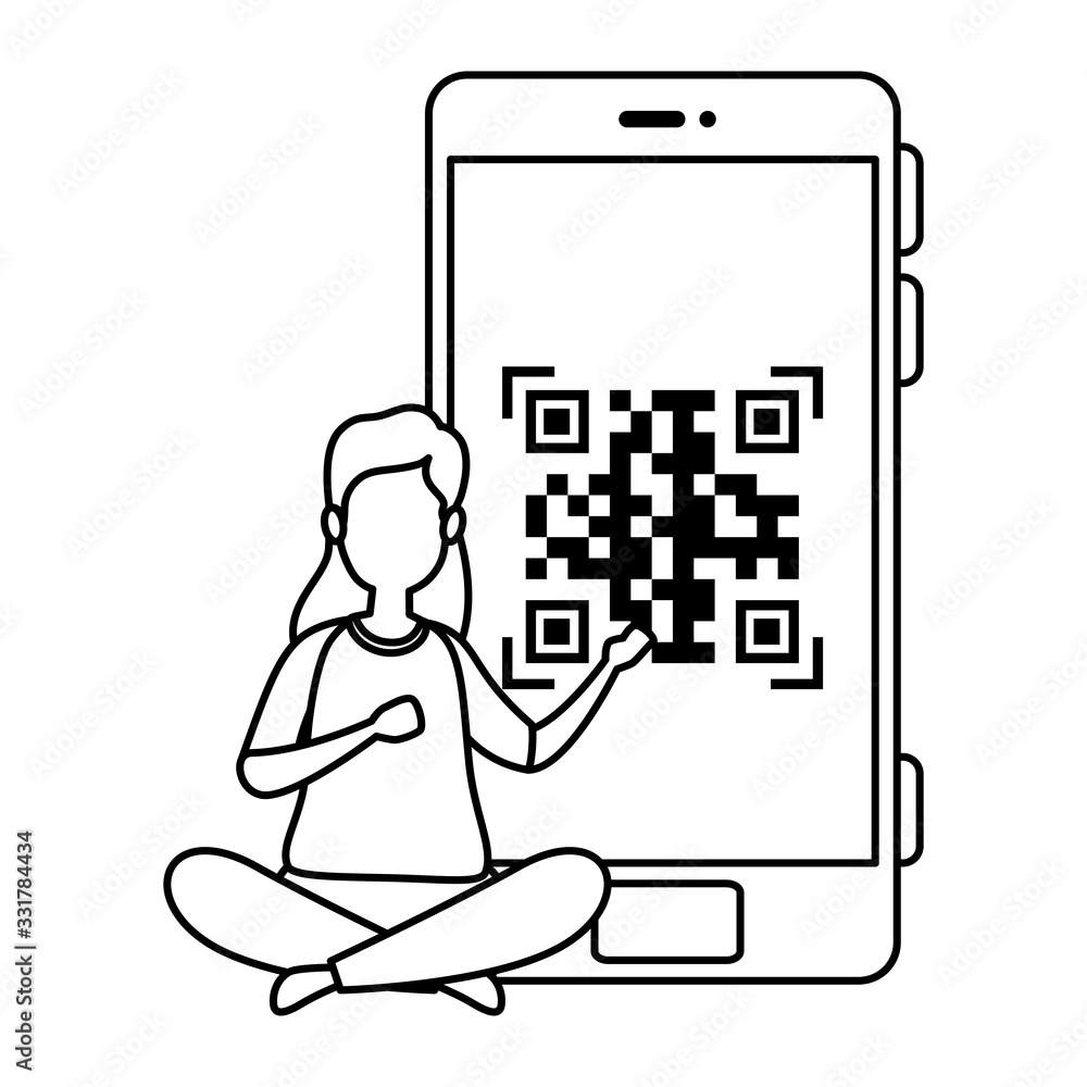 Poster woman and smartphone device with scan code qr vector illustration design