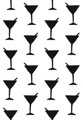 Vector seamless pattern of black doodle sketch martini cocktail silhouette isolated on white background 