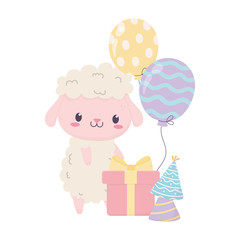 Obraz na płótnie Canvas happy birthday sheep gift box party hats and balloons celebration decoration card