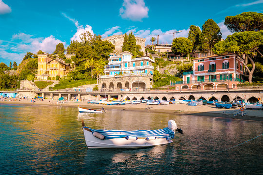 Levanto Cinque Terre colorful villag Italy, colorful beach with umbrella during summer holiday