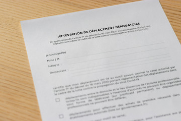 Attestation de déplacement dérogatoire française
