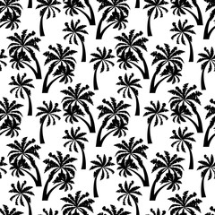 Black palm trees vintage seamless pattern isolated on white background.