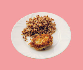 economy food. rissole and buckwheat groats