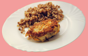 economy food. rissole and buckwheat groats