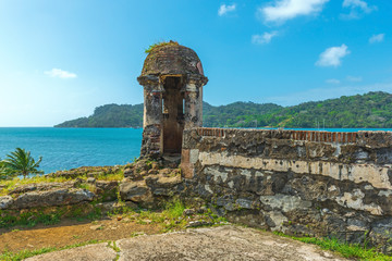 The  Spanish fortress of Santiago built to protect the harbor of Portobelo against pirate incursions. Located in the city of Portobelo by the Caribbean Sea in Panama.