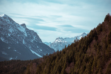 High alpine mountains with snow in Germany and blue beautiful sky