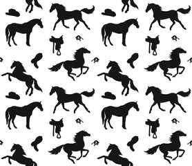 Vector seamless pattern of black horses and cowboy western equipment silhouette isolated on white background