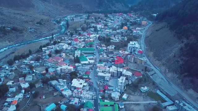 Aerial view of Naran valley hotels in KPK Northern area of pakistan early morning view with empty roads and no sunlight