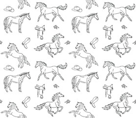 Vector seamless pattern of hand drawn doodle sketch horses and cowboy western equipment isolated on white background