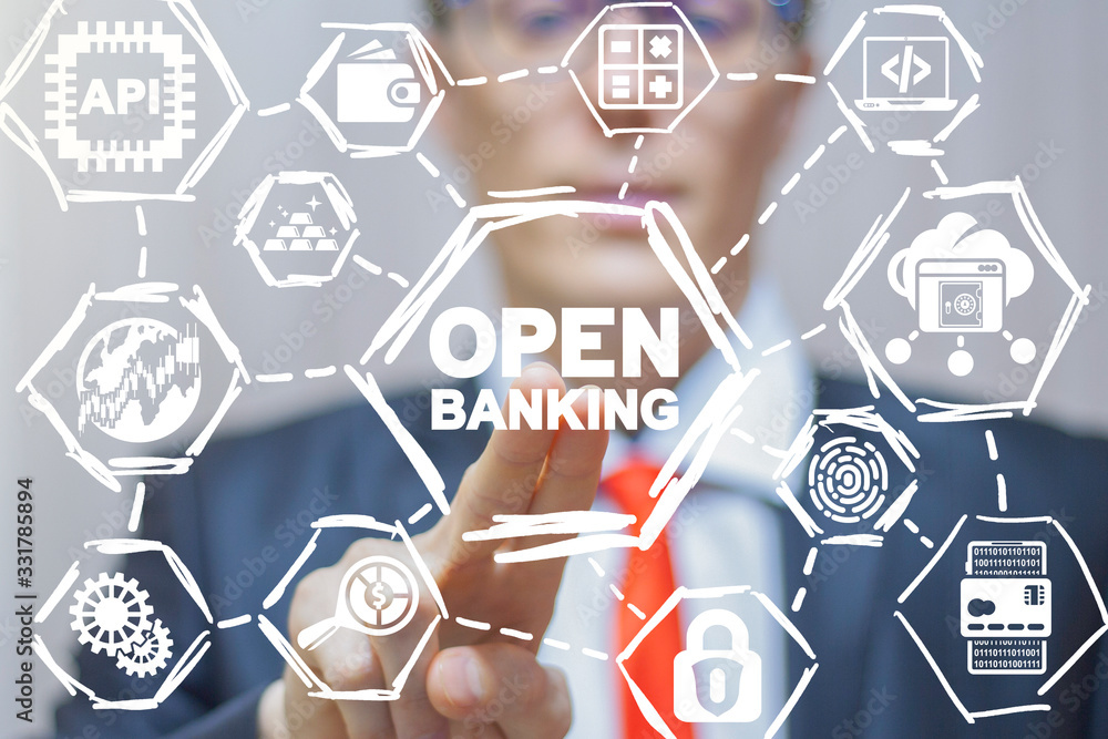 Poster open banking online finance api concept. internet bank blockchain security technology.