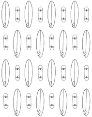 Vector seamless pattern of hand drawn doodle sketch surf and skate board isolated on white background