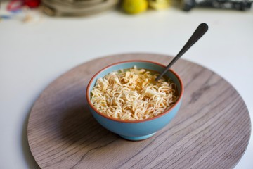 Blue bowl with lovely noodle soup/ So tasty and spicey/
