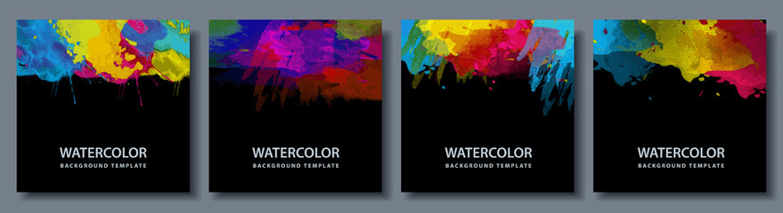 Naklejka na ściany i meble Bundle set of bright vector colorful watercolor on black background for poster or flyer 