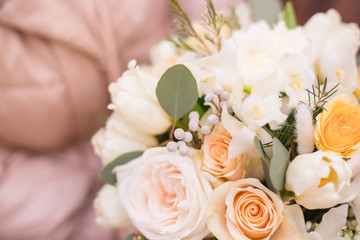 Classic Bridal Round Bouquet of Roses. Wedding Flowers.Fresh bouquet. Flowers Background