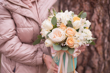 Classic Bridal Round Bouquet of Roses. Wedding Flowers.Fresh bouquet. Flowers Background